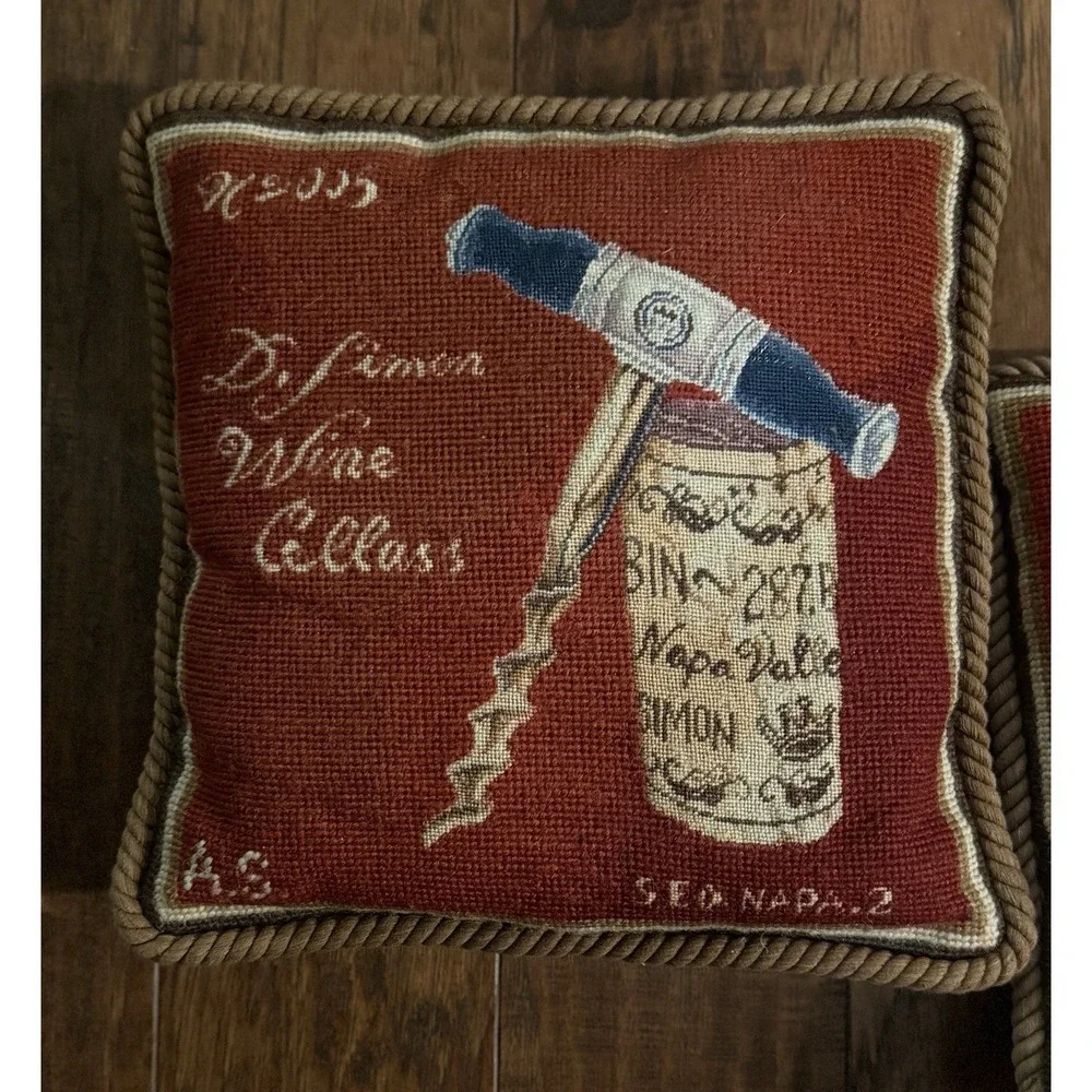 Pair of Needlepoint Pillows Angela Staehling design Wine Throw Cushion 12x12